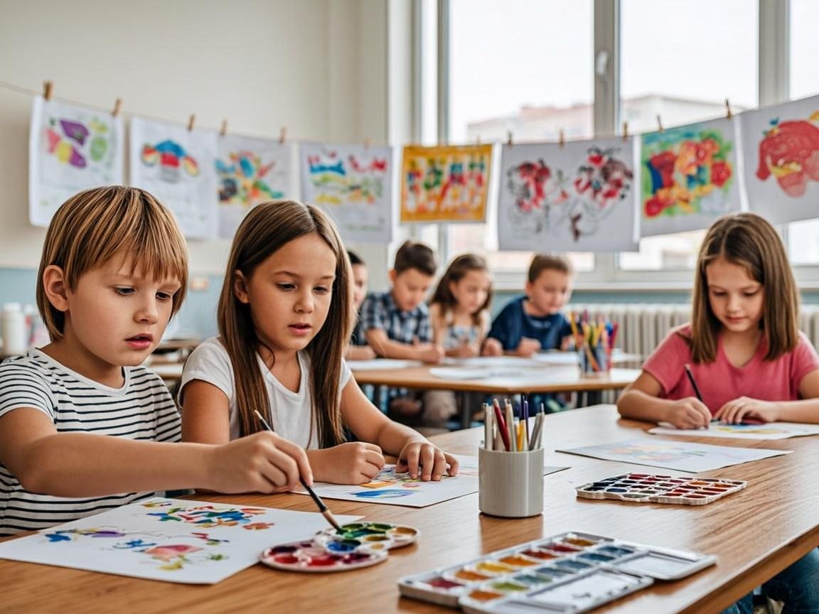 Children painting during art class