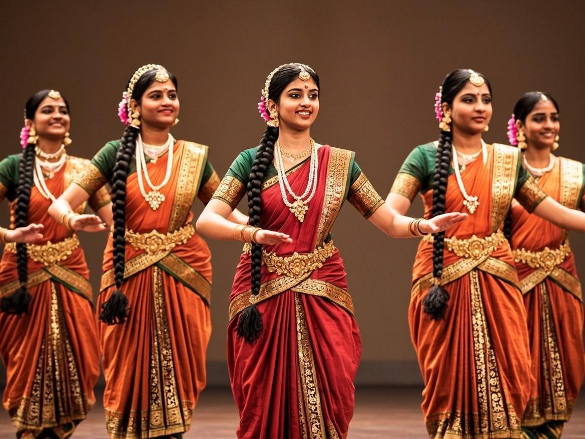 Students performing a classical dance in full costume