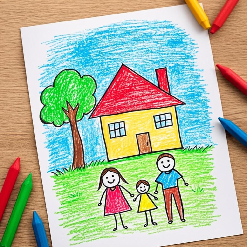 A child's crayon drawing of home, made in art class