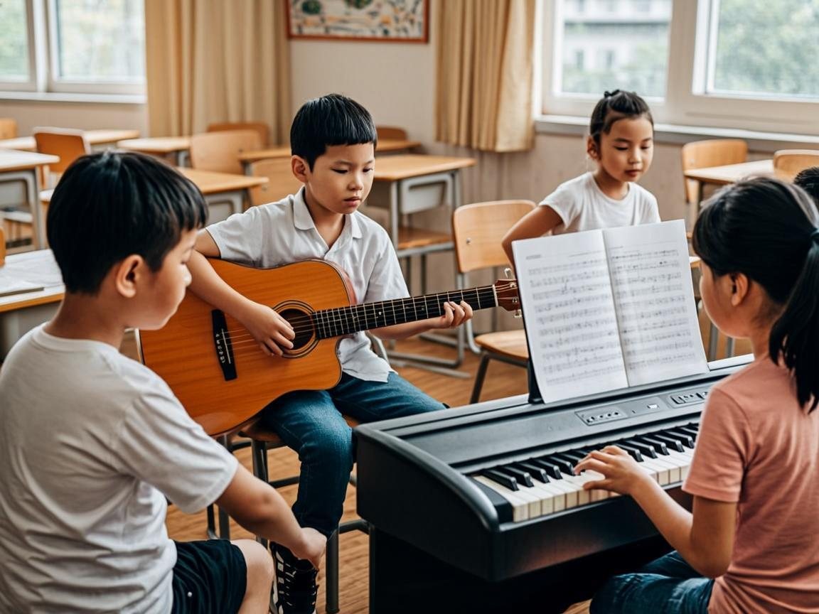 Students practising instruments in music class
