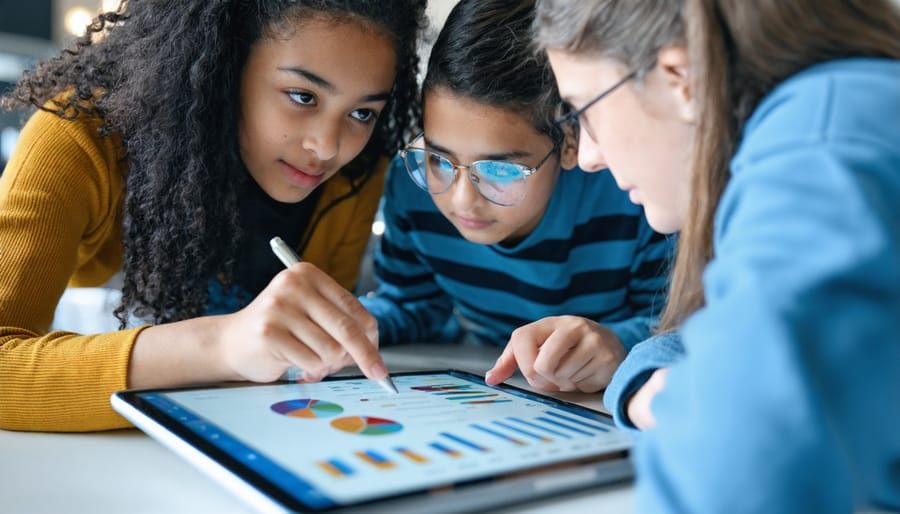 Students gathered around a tablet in a smart classroom